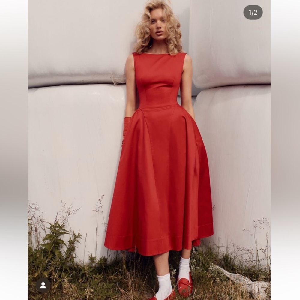 ❌SOLD on dep0p❌ NWT Helsa Stretch Cotton Sateen Midi Dress - Red Lipstick, XS